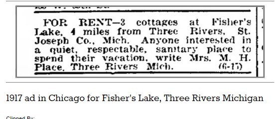 1917 ad in Chicago for Fisher's Lake, Three Rivers, Michigan